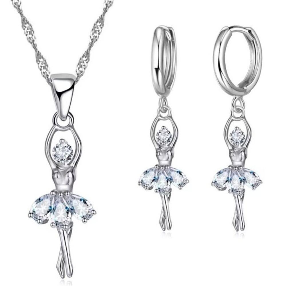 925 Silver Ballerina Necklace Earrings Set Dancer Valentine's Birthday Gift NEW